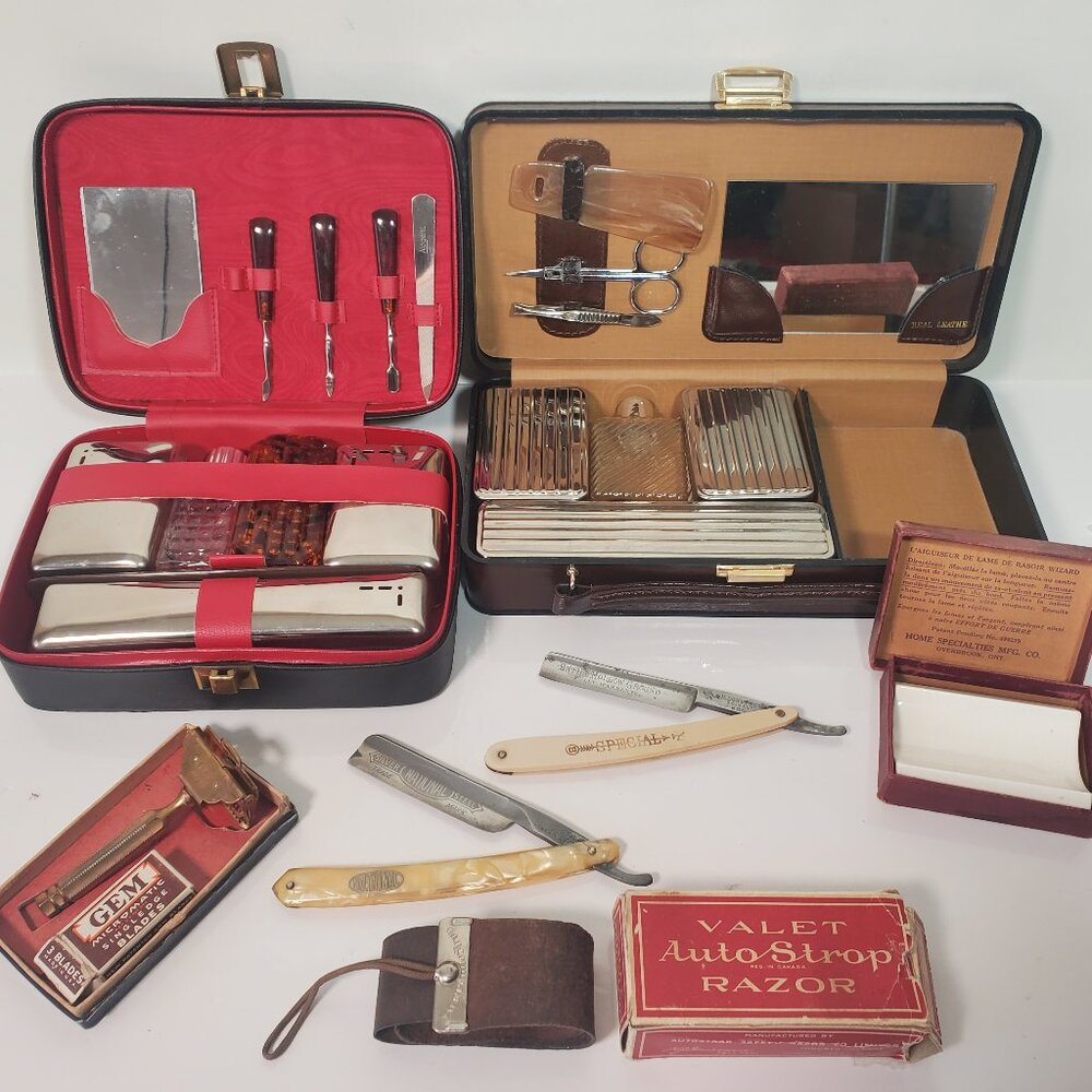 Vintage Men’s Shaving Items- Böker Straight Razor, GEM, Valet Strop, Travel Sets